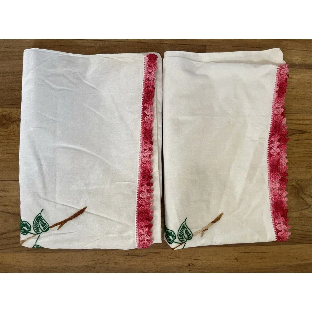 VTG Hand Embroidered Pink Pillowcase Set Floral Cottagecore Farmhouse Cotton
